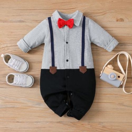 PATPAT Baby Newborn Infant Boys Gender Neutral Long Sleeve Button Grey Bow Tie Romper Jumpsuit Outfits Clothes