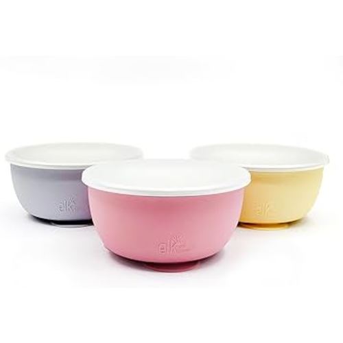 Elk and Friends Stainless Steel Bowls with Silicone Sleeve for Babies & Toddlers | Lids Included | Stay Put Suction | Cereal & Snack Bowls | 3 Pack