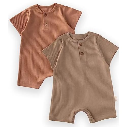 Ribbed Newborn Baby Rompers Set - 2-Pack, Unisex Knitted Rompers, Summer Baby Rompers - Brown/Mink