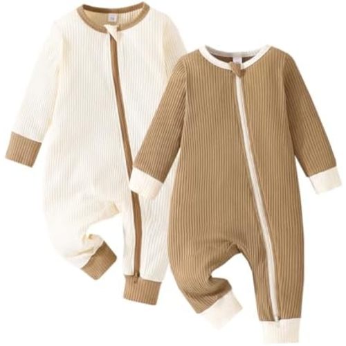 Bafeicao Unisex Baby Boy Girl 2 Pack Rompers Long Sleeve Two Way Zipper Romper One Piece Jumpsuits Clothes Sets