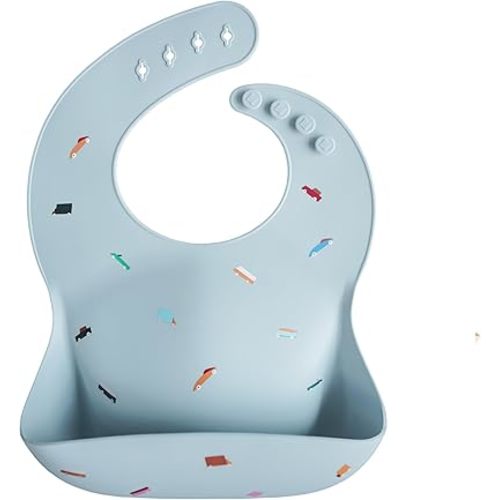 mushie Silicone Baby Bib | Adjustable Fit Waterproof Bibs (Retro Cars)