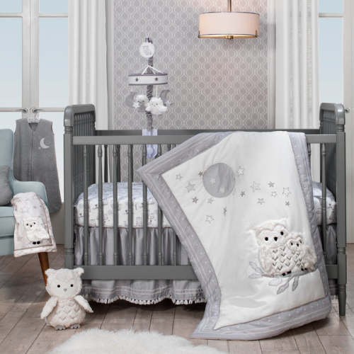 Luna White/Gray Celestial Owl 4-Piece Nursery Baby Crib Bedding Set – Lambs & Ivy