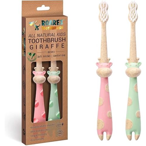 ROARex Vegan Earth Friendly All Natural Kids Toothbrush Made from Plants – Sweet Baby Giraffe | 100% Biodegradable and Compostable | 1% for The Planet Product
