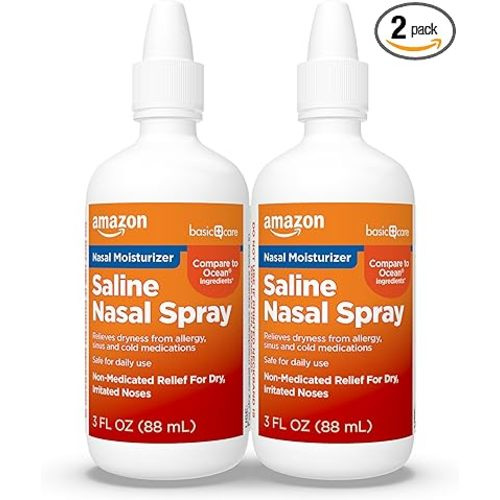 Amazon Basic Care Premium Saline Nasal Moisturizing Spray, Soothing Nasal Mist for Dry Nasal Passages, Non-Medicated Allergy Relief, 3 fl oz (2-Pack)