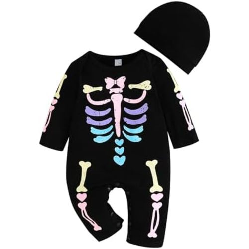 GOOCHEER Infant Baby Girl Halloween Outfit Long Sleeve Skeleton Print Jumpsuit Sweatshirt Romper with Hat Fall Clothes