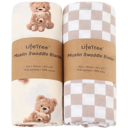 LifeTree Muslin Swaddle Blankets Neutral, Baby Swaddling Wrap Nursery Blanket for Boys & Girls Unisex, Soft 70% Viscose from Bamboo and 30% Cotton, Large 47 x 47 inches, Bear & Checkered Coffee