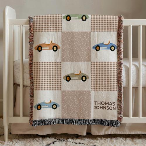 Personalized Car Baby Blanket for Boys, Vintage Race Car Nursery Throw, Custom Name Blanket, Toddler Blanket Baby Shower Gift race baby gift