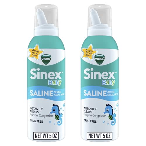 VICKS Sinex Baby Saline Nasal Spray, Drug Free Gentle Nasal Mist, Instantly Clears Everyday Stuffy Little Noses, Soothes & Hydrates, Safe For Daily Use, Gentle For All Ages, 5 OZ x 2