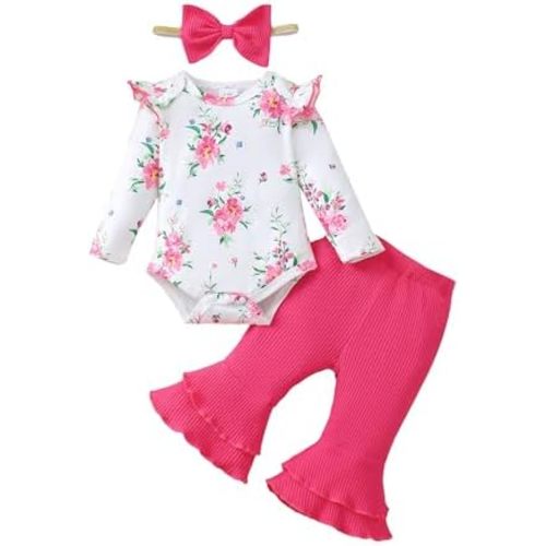 SUNNY PIGGY Baby Girl Clothes Ruffle Short Sleeve Romper Long Pants Set with Headband Newborn Infant Outfits