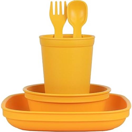 Re-Play Made in USA Toddler Dinnerware Set - 10 oz. Open Cup, 7" Flat Plate, 12 Oz. Bowl, Rounded Tip Fork and Deep Scoop Spoon - Dishwasher/Microwave Safe Plastic Dinnerware Set - Sunny Yellow