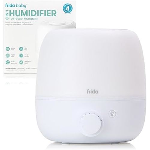 Frida Baby 3-in-1 Cool Mist Humidifier for Large Rooms, Top Fill Humidifier for Bedroom, 60 Hour Runtime + Diffuser, Nightlight, Auto Shut-Off, Quiet, Carry Handle, Nightlight, Essential Oil Diffuser