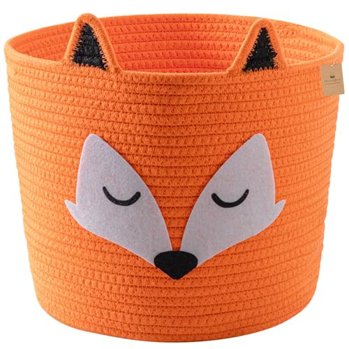 HomeyPine Fox Basket, Woven Cotton Rope Storage Basket for Baby, Baby Nursery Hamper with Handles, Orange Animal Storage Baskets for Nursery, Kids Room Organizer, Cat Dog Toy Storage