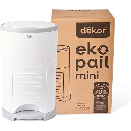 Diaper Dekor EKO Mini Diaper Pail, White | ONLY Eco-Friendly Diaper Pail Made with 70% Recycled Materials | Hands-Free: Step–Drop–Done | Cost-Effective Refill System