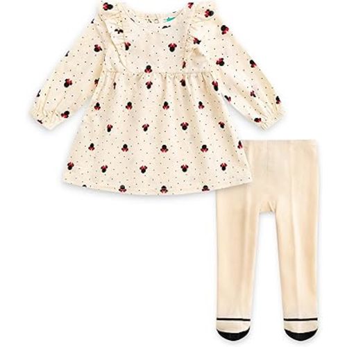 Disney Minnie Mouse Baby Girls Long Sleeve Corduroy Dress with Tights 2 Piece Set for Infants