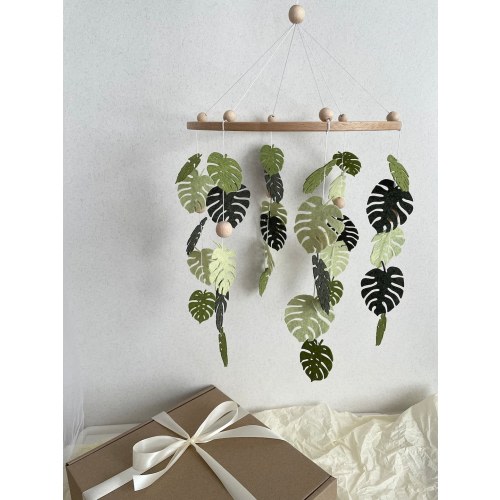 Monstera Wooden Baby Mobile nursery, Jungle theme Mobiles for Nursery, Monstera tropical leaves jungle nursery Felt leaf mobile neutral