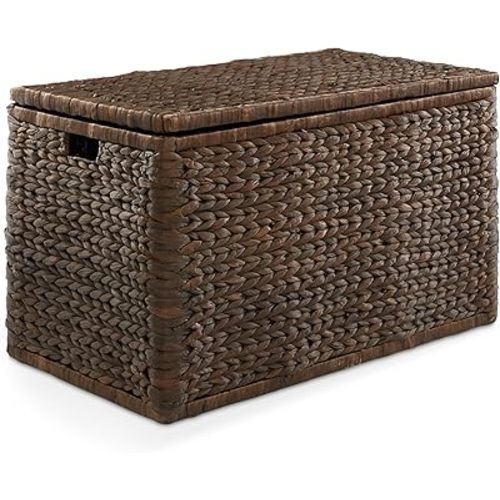Casafield 30" Storage Chest with Lid, Handles, and Safety Hinge - Espresso, Water Hyacinth Wicker Storage Trunk for Entry Way, Living Room, Bedroom