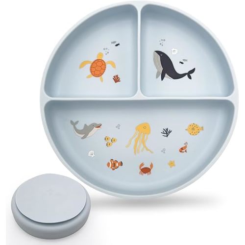 Silicone Suction Plates with Dividers - Grip Plates for Babies 6-12 Months and Toddlers 1-3, Toddler and Baby Dishes, Baby Led Weaning Essentials, Dishwasher Safe (Blue - Under the Sea)