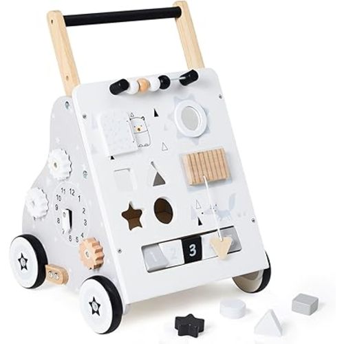 Wooden Baby Walker, Baby Push Walker with Wheel, Push and Pull Toys Learning to Walk, Montessori Walker Toy for Kids Development, Adjustable Speed and Height