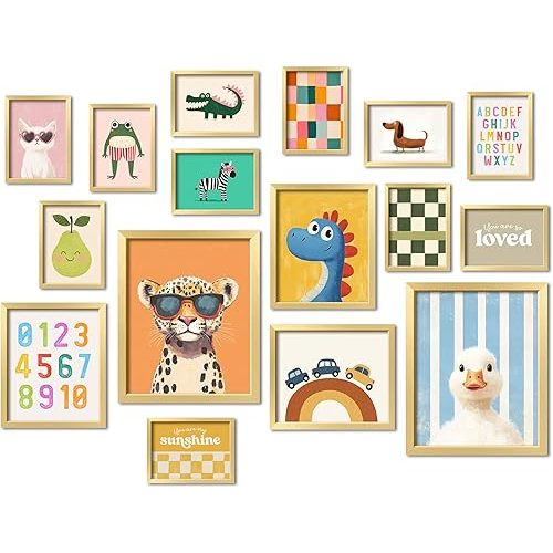 16 PCS Kids Wall Art Decor, Baby Girl & Boy Nursery Decor, Toddler Room Bedroom Playroom Decor, Cute Colorful Animal Eclectic Gallery Wall Prints