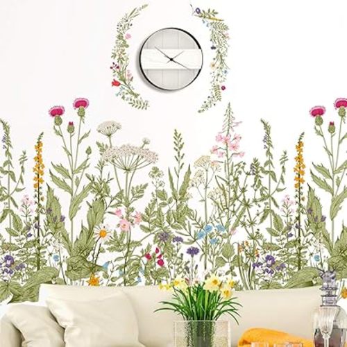 RW-102 Green Plants Flower Wall Decals Garden Flower Vine Corner Stickers 3D DIY Removable Wreath Garland Art Decor for Kids Babys Bedroom Living Room Nursery Kitchen Bathroom Decoration