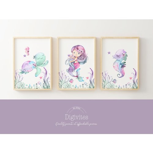 Downloadable prints, Mermaid nursery wall art, Mermaid prints, Nursery wall art, Nursery prints, Under the sea, sea turtle, seahorse
