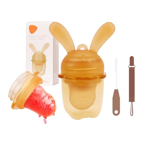 Miniguysa Baby Food Pacifier Feeder & Teething Relief - BPA-Free Silicone Fruit Teethers for Babies 6+ Months, Rotating Disassembly Design for Breast Milk Popsicles, Purees, and Fresh Fruit (Bunny-L)