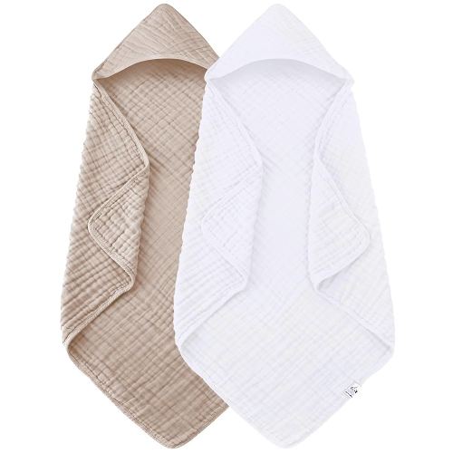 2 Pack Hooded Baby Towels - 100% Muslin Cotton for Newborns, Infants, Toddlers - Large 32x32Inch Size - Highly Absorbent and Essential for Newborn Care, White and Brown
