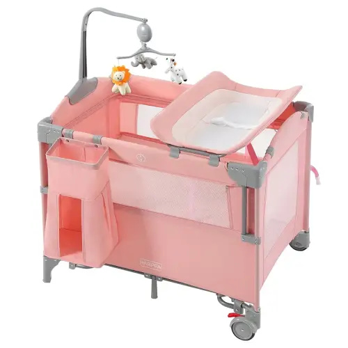 HARPPA Pack and Play 5 in 1, Portable Baby Playard for Travel, Baby Bassinet Bedside Sleeper with Mattress, Rolling Bassinet for Infant, Pack n Play with Changing Table, Bed Crib(Pink)