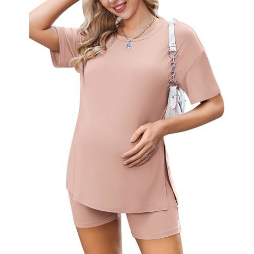 Ekouaer Women Maternity Sets 2 Piece Outfits Summer T Shirts and Biker Shorts Set Pregnancy Loungewear