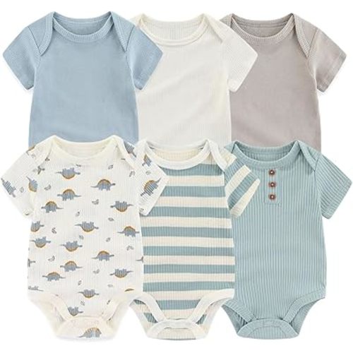 Baby Bodysuit 6 Pack Soft Mixed Ribbed Short Sleeve Romper Infant Boy Girl Clothes Set