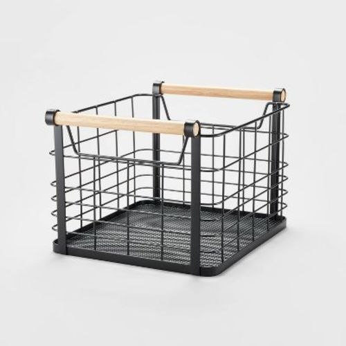 Small Wire Natural Wood Handles Milk Crate Black - Brightroom™: Metal Storage Basket, Powder-coated, Cut-out Handles