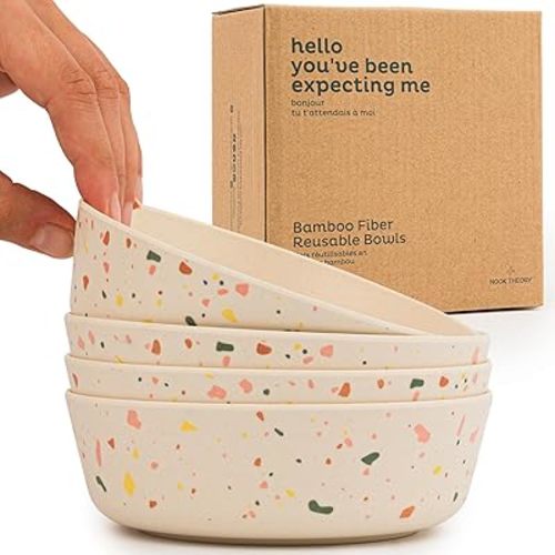 Nook Theory 4 Pack Bamboo Bowls - Alternative to Plastic Bowls, 18 Oz Bamboo Bowls Reusable, Kids Bowls, Shatterproof Bowls, Food-Grade, Dishwasher Safe - Bamboo Dishes (Celebration)