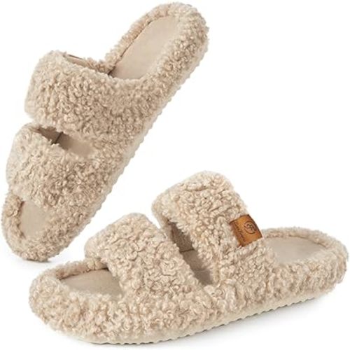EverFoams Womens Fuzzy Open-toe Slippers Soft Comfy Memory Foam Indoor House Shoes