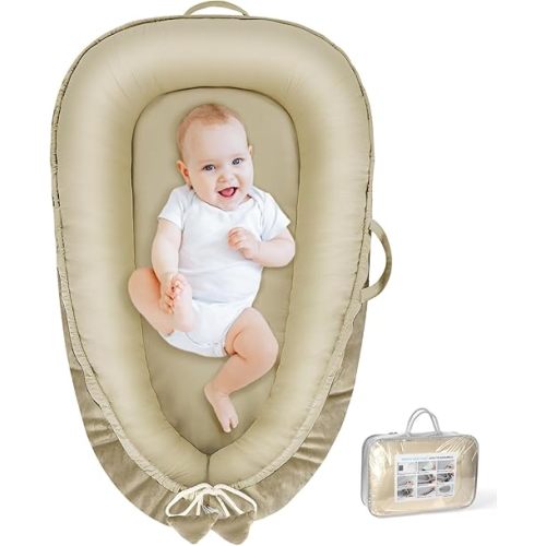 Baby Lounger - Baby Lounger for Newborn 0-24 Months, Breathable & Soft Cotton and Velvet Cover Baby Nest, Portable Cozy Infant Lounger for Home and Travel, Ideal Baby Essentials & Shower Gifts