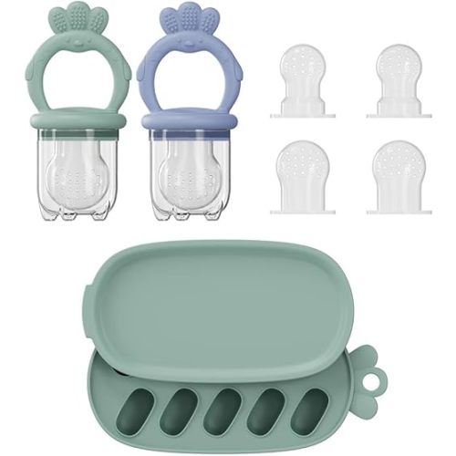 2 Pcs Baby Food Fruit Feeder with Freezer Tray Breastmilk Popsicle Molds Silicone Fruit Feeder for Self Feeding Teething Relief Toys (Blue+Green)
