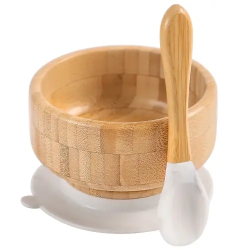 Baby Bamboo Bowls with Suction and Matching Spoon Set - 2PC Feeding Supplies Set for Infant, Toddlers - Detachable Silicone Suction Stay Put Base for Wooden Bowl - BPA Free (Marble)