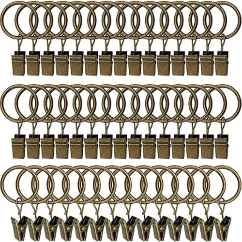 44 Pack Curtain Rings with Clips, Curtain Clip Rings Hooks, Bow Hanger Clips for Hanging Drapery Drapes Bows, Ring 1 inch Interior Diameter, Fits up to 5/8" Rod, Bronze