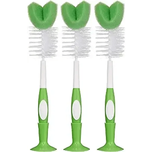 Amazon Brand - Mama Bear Baby Bottle Brush with Nipple Cleaner and Suction Cup Stand, White (Pack of 3)