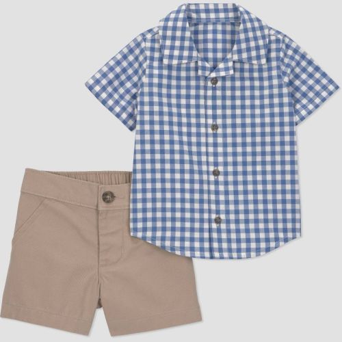 Carter's Just One You® Baby Boys' 2pc Gingham Button-Down Shirt and Shorts Set - Blue/Khaki 3M