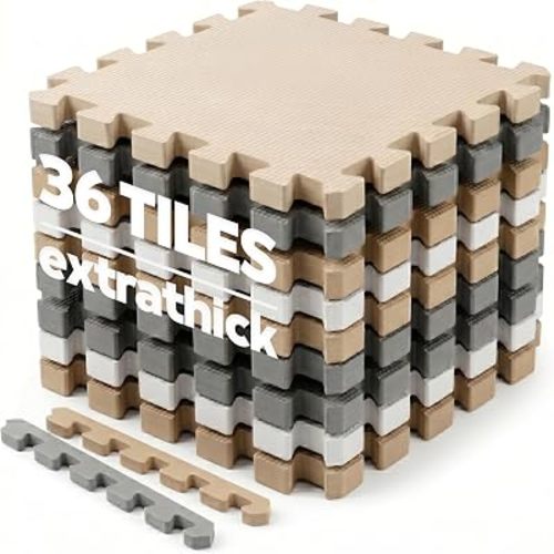 Foam Play Mat for Floor - 36 Interlocking Tiles 71x71 in, 0.6" Thick Puzzle Mat for Baby, Toddler & Home Gym, Cross-Texture EVA Foam, Edge Borders Included, White Tan Gray