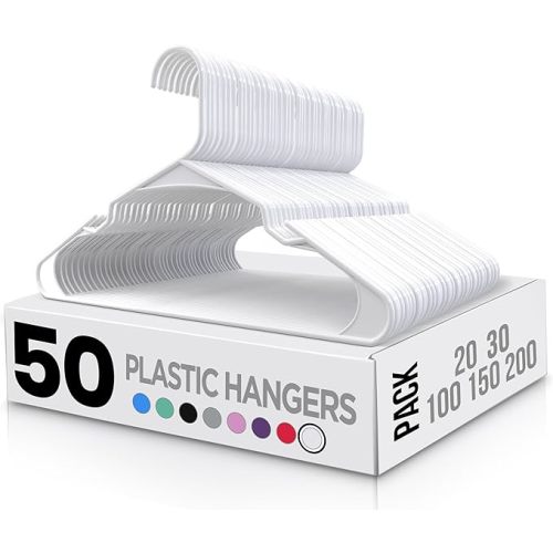 Utopia Home Plastic Hangers 50 Pack - Perfect for Clothes Hanger Space Saving - Durable and Strong Coat or Pant Hangers for Closet Organizers and Storage with Shoulder Grooves (White)