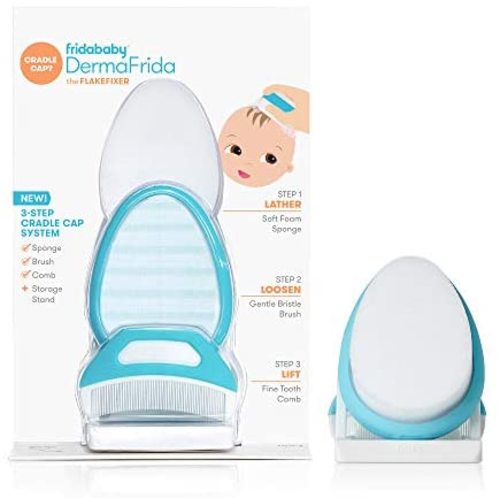 The 3-Step Cradle Cap System by Fridababy | DermaFrida The FlakeFixer | Sponge, Brush, Comb and Storage Stand for Babies with Cradle Cap