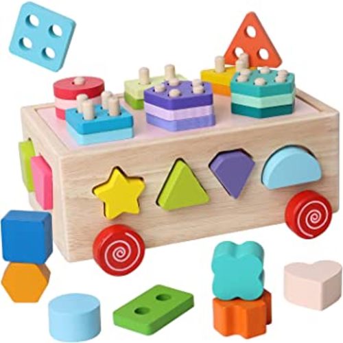 Wakagen Montessori Toys Children's Educational Toys Shape Block Cart Wooden Shape Sorting Toys Boys and Girls Stacking Educational Learning Shape Color Puzzle Toys (WT002)