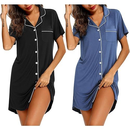 Samring 2 Pack Nightgowns for Women Short Sleeve Sleepwear Button Down Nightshirts Sleep Shirts Boyfriend Pajama Dress