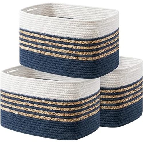 UBBCARE 3 Pack Baskets for Organizing, Woven Storage Baskets for Toys and Towel, Rectangle Cotton Rope Basket with Handles, 14''L x 8''W x9''H, Navy Blue