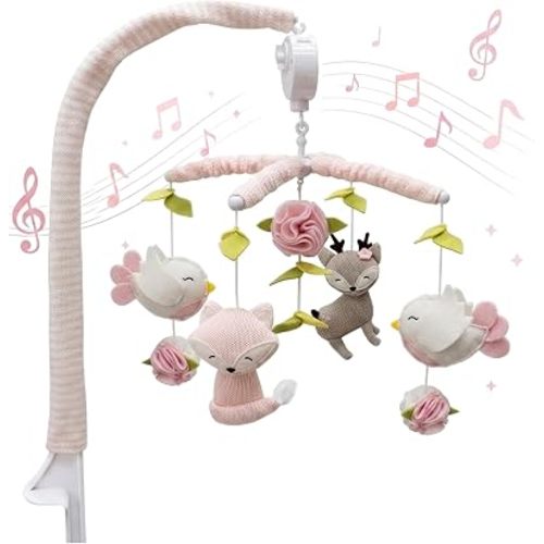 Living Textiles Baby Musical Mobile - Ava Birds | Crib Toy, Knitted Woodland Characters, Nursery Decor, Calming Soother with 12 Lullabies Essential and Perfect Toy for Boys Girls