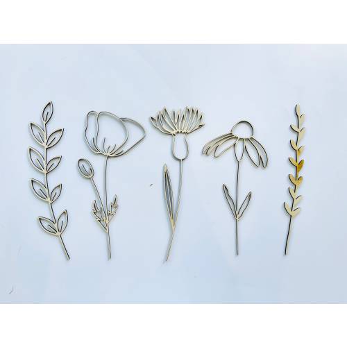 Wooden Wildflowers Wall Decals SET (5 Flowers Included)