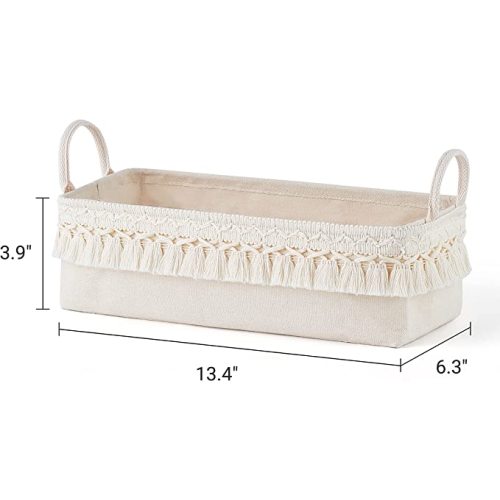 Mkono 2 Pack Storage Baskets for Bathroom Closet Shelf Boho Decor Small Storage Bins with Tassels Cute Rectangular Organizers with Handles for Bedroom Nursery Dorm, Ivory, 13.38"L x 6.3"W x 3.9"H