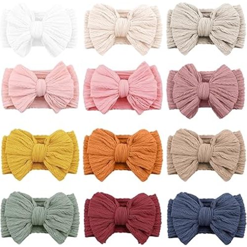 12pcs Baby Girl Bows Stretchy Soft Nylon Headbands Elastic Hair Bands with Bows For Newborn Baby Girls Infant Toddlers Kids