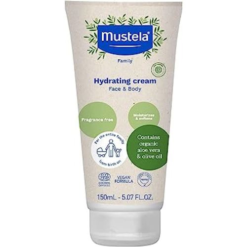Mustela Certified Organic Hydrating Cream - Natural Body Lotion w/ Olive Oil, Aloe Vera & Sunflower Oil - For Baby, Kid & Adult - Fragrance Free, EWG Verified & Vegan - 5.07 oz. - Packaging may vary